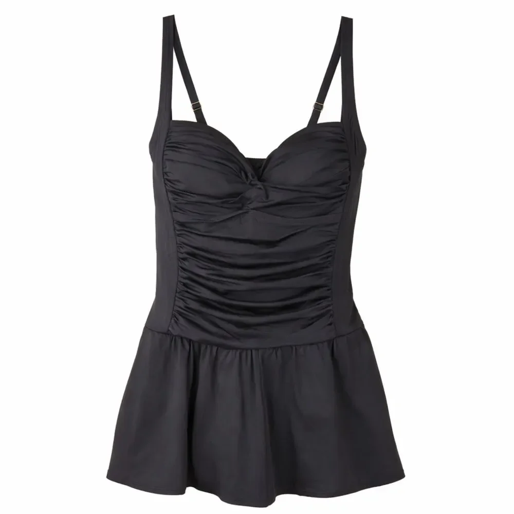 Rose Marie Reid Black Ruched Swim Dress One Piece Swimsuit Pinup Skort Size M